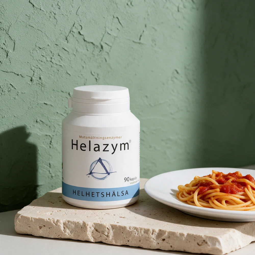Helhetshälsa Helazym, hvit plastboks med vippelokk og vegetabilske kapsler