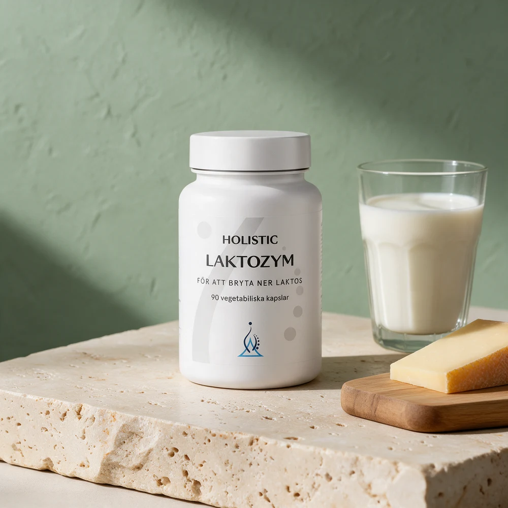 Holistic Laktozym i hvit boks, etiketten sier «för att bryta ner laktos»