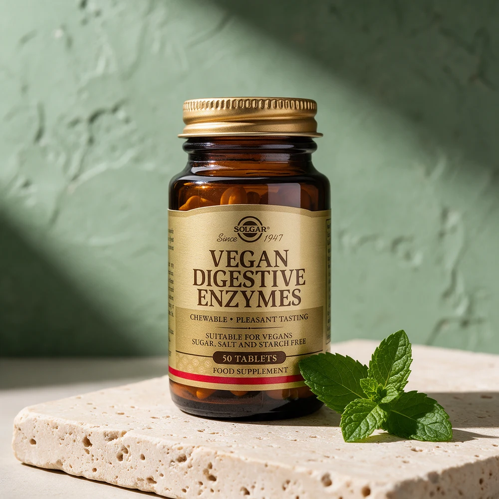 Solgar Vegan Digestive Enzymes i brun glassflaske, etiketten sier «Chewable»