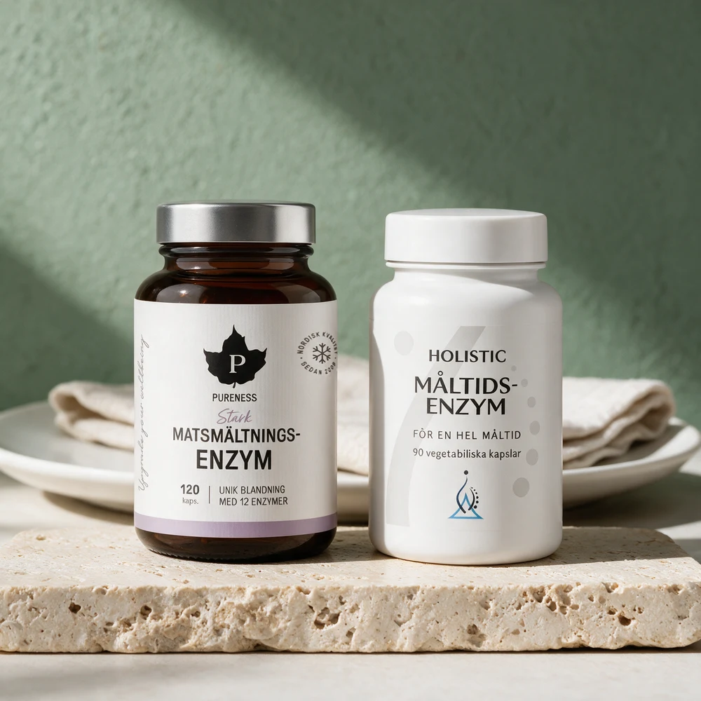 Pureness Stark Matsmältningsenzym i brun glassboks og Holistic Måltidsenzym i hvit boks