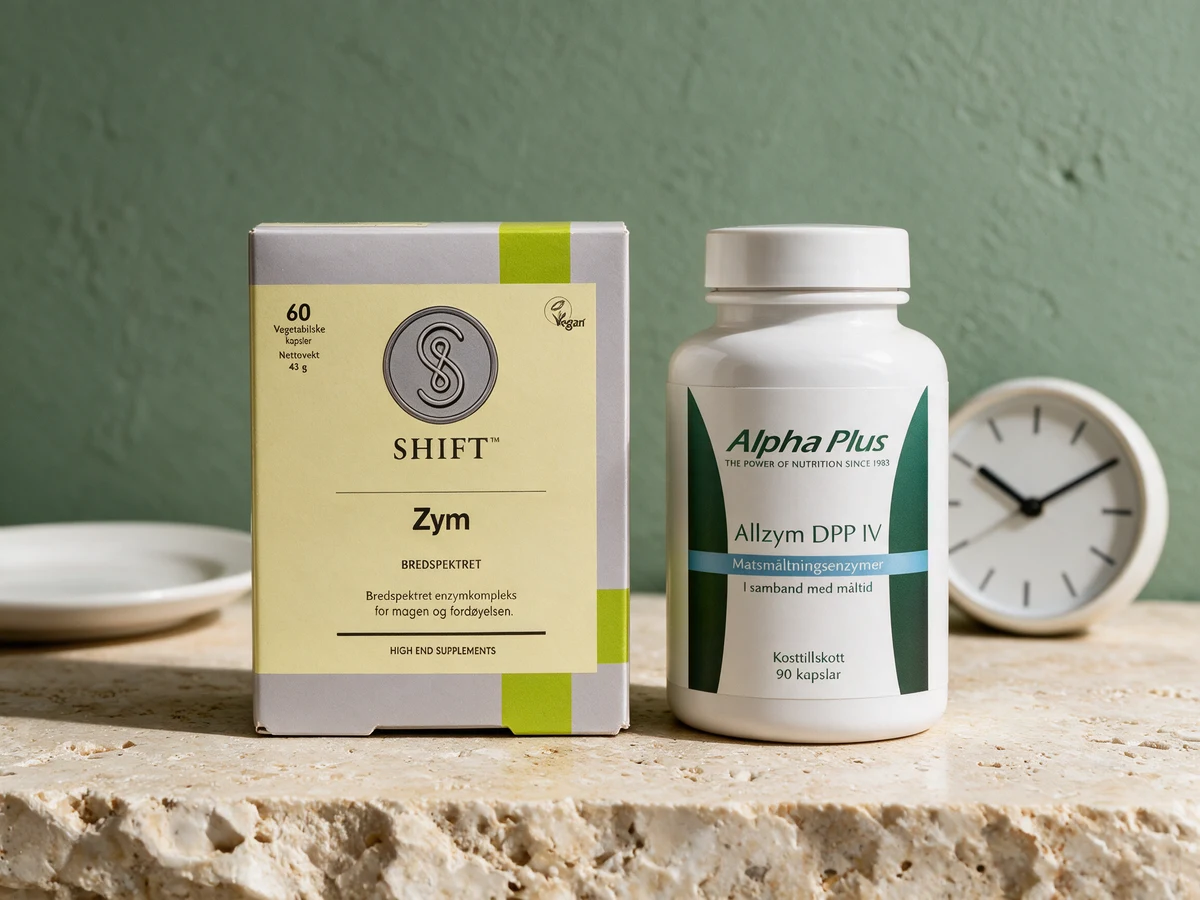 Shift Zym Bredspektret og Alpha Plus AllZym DPP IV, blandingene med kapsel midt i måltidet og en halvtime før
