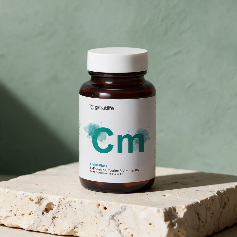 Greatlife Calm Plus+ i glasskrukke, etiketten oppgir L-teanin, taurin og vitamin B6 og 60 kapsler