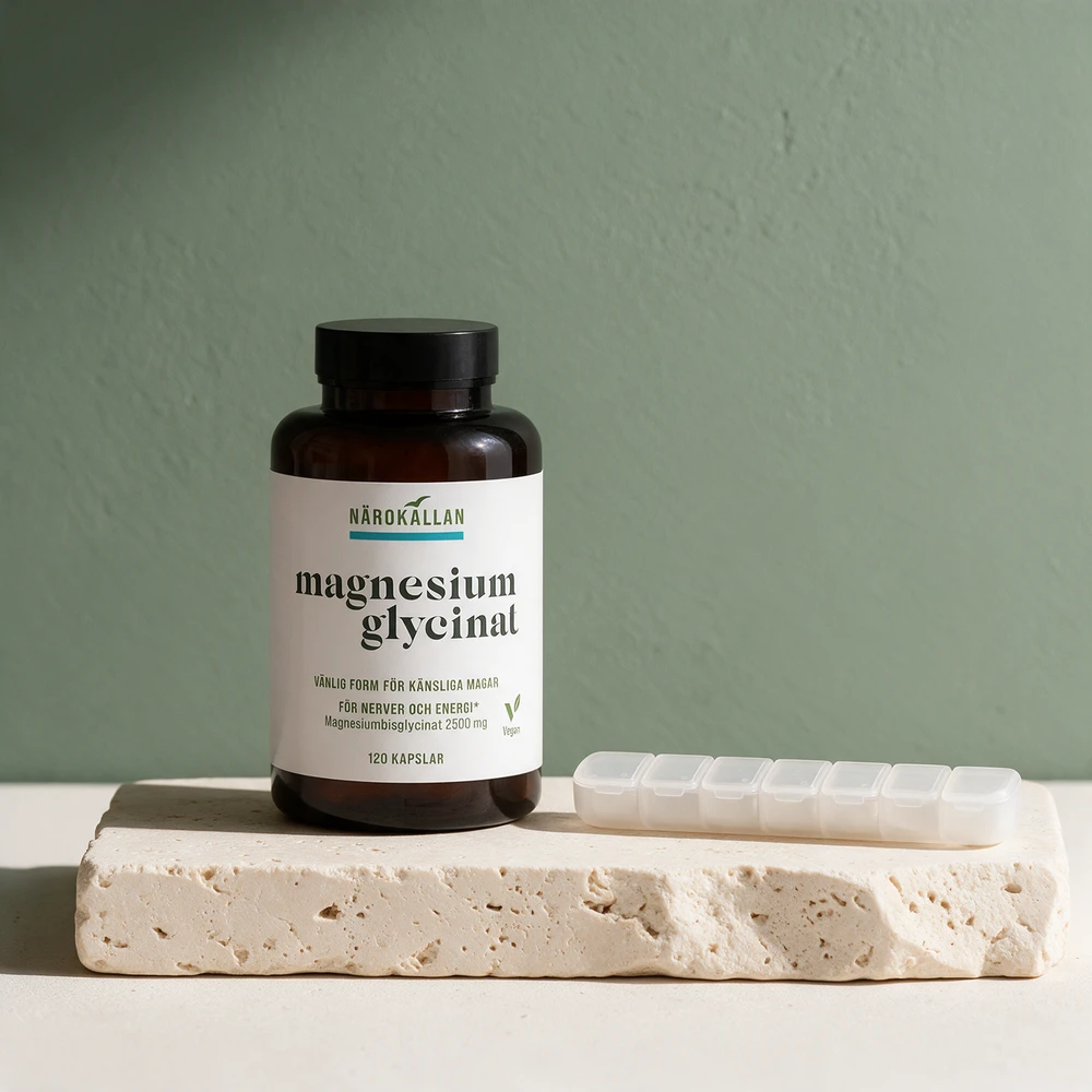 Närokällan Magnesiumglycinat i glasskrukke, etiketten oppgir 2 500 mg magnesiumbisglycinat og 120 kapsler