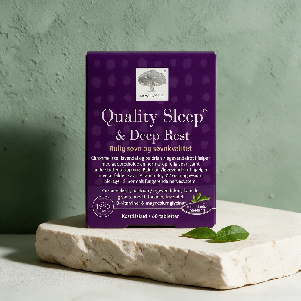 New Nordic Quality Sleep & Deep Rest, eske med 60 tabletter der forsiden lister lavendel blant urtene