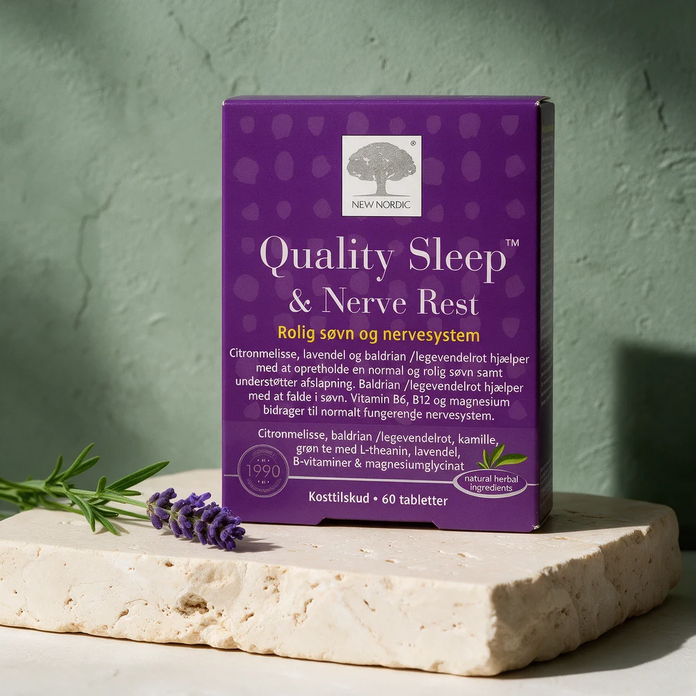 New Nordic Quality Sleep & Nerve Rest, eske med 60 tabletter der forsiden lister sitronmelisse, baldrian, kamille, grønn te og lavendel