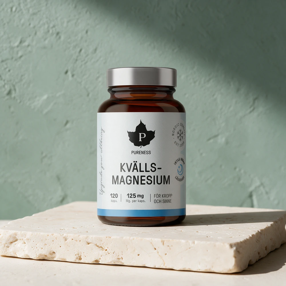 Pureness Kveldsmagnesium i glasskrukke, etiketten oppgir 125 mg magnesium per kapsel og 120 kapsler