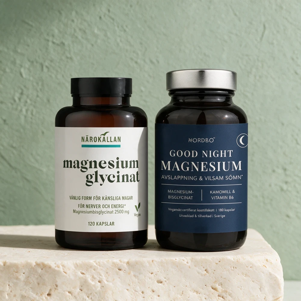 Närokällan Magnesiumglycinat med 120 kapsler og Nordbo Good Night Magnesium med 180 kapsler