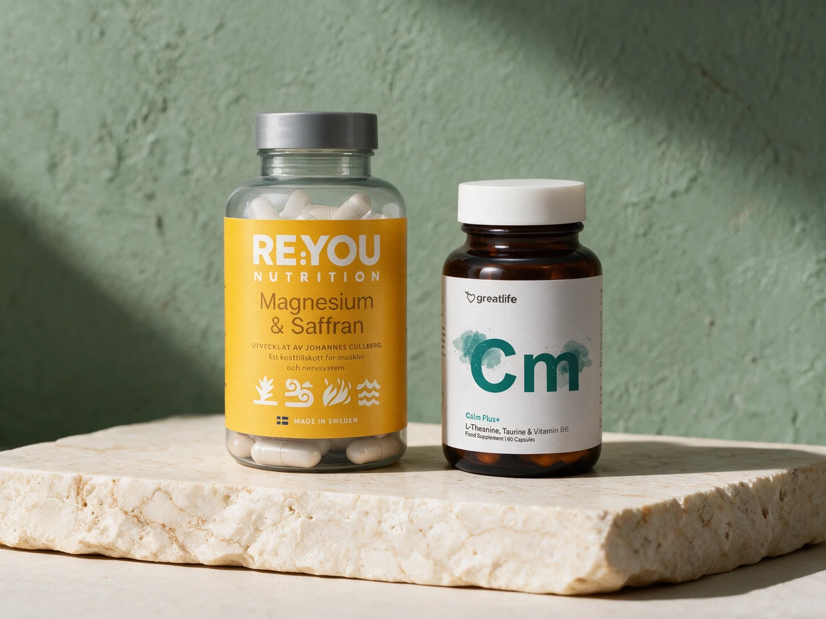 RE:YOU Magnesium + Saffran og Greatlife Calm Plus+, to kapselprodukter med ulike hjelpestoffer