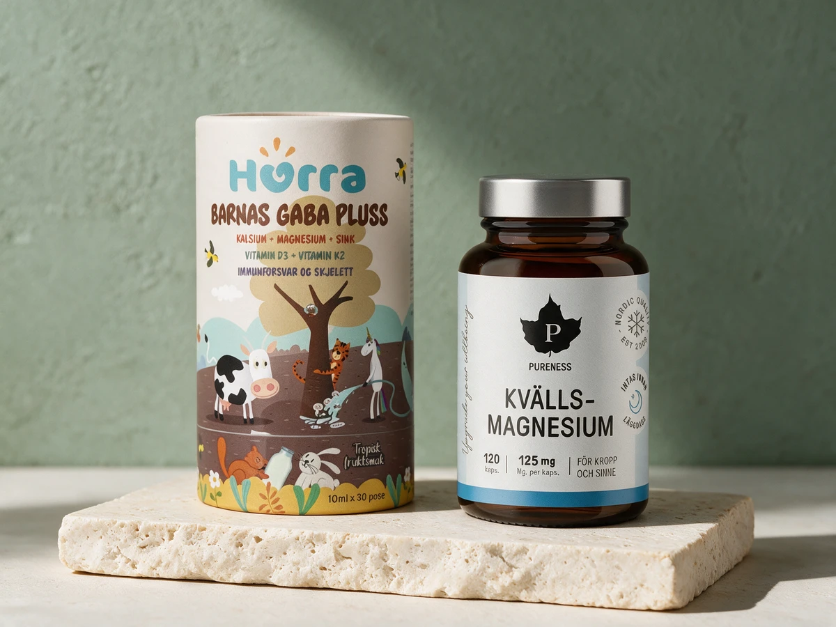 Hurra Barnas Gaba Pluss, drikkeposer med GABA, og Pureness Kveldsmagnesium, kapsler uten GABA