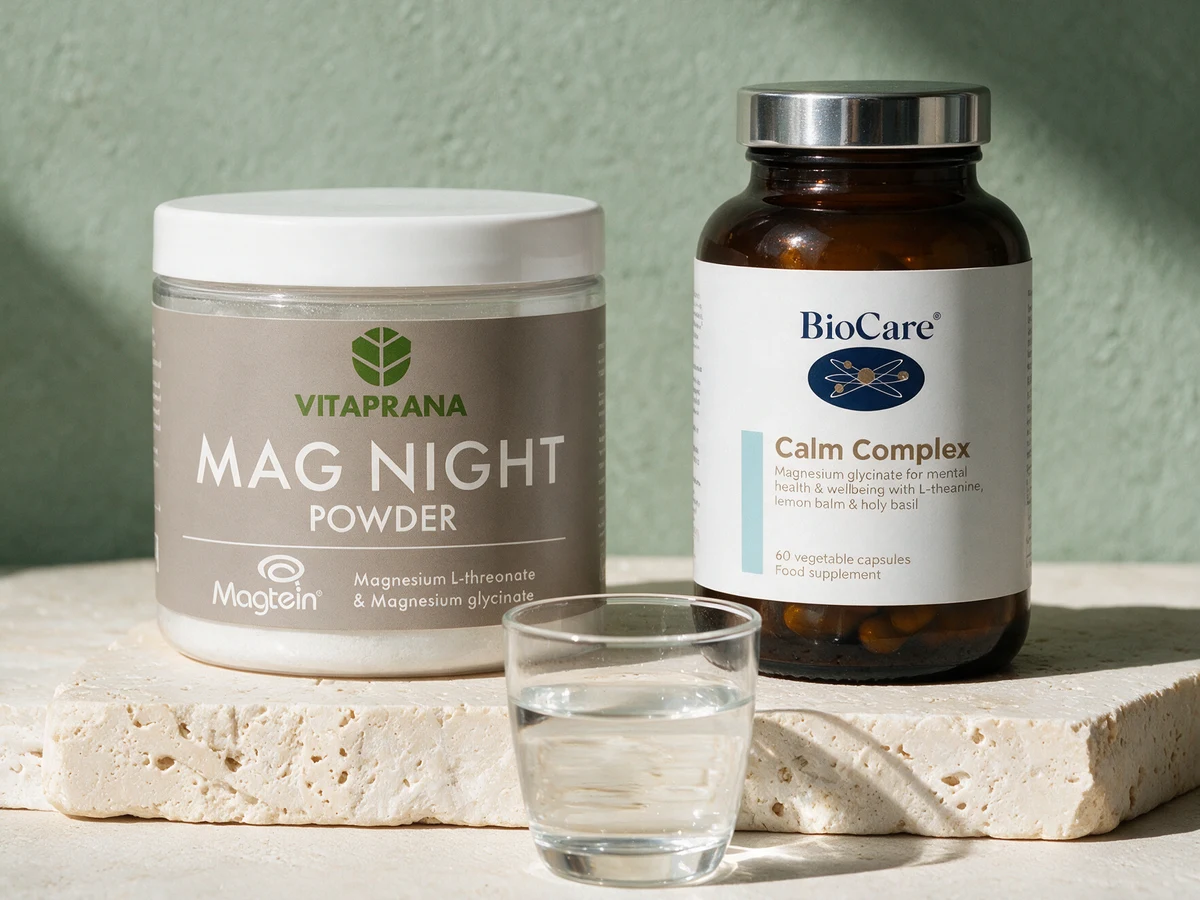 Vitaprana Mag Night Powder, pulver i boks, og BioCare Calm Complex, kapsler i krukke
