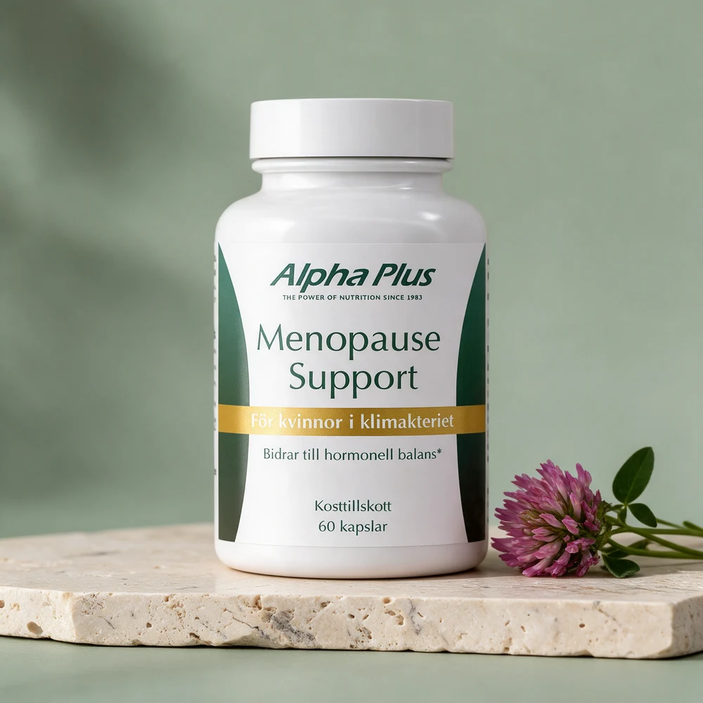 Alpha Plus Menopause Support, boks med 60 kapsler merket «För kvinnor i klimakteriet»