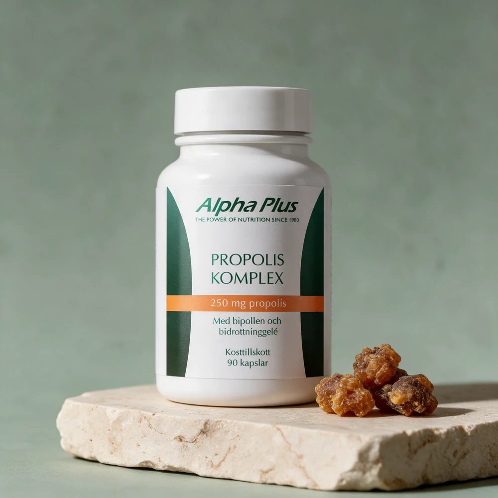 Alpha Plus Propolis Komplex, boks med 90 kapsler merket «250 mg propolis» og «Med bipollen och bidrottninggelé»