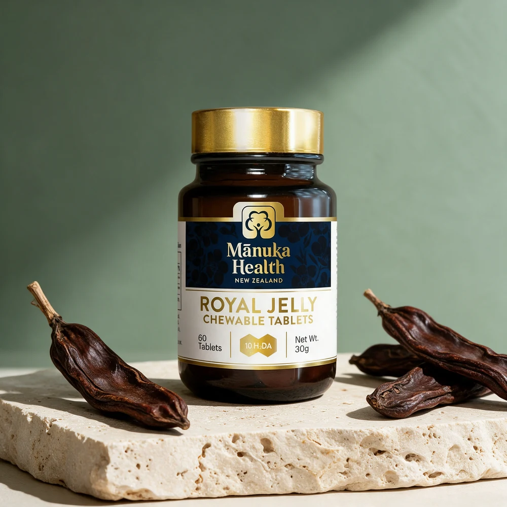 Manuka Health Royal Jelly Chewable Tablets, glass med 60 tabletter og 30 g, med et 10 H.DA-felt uten mengde