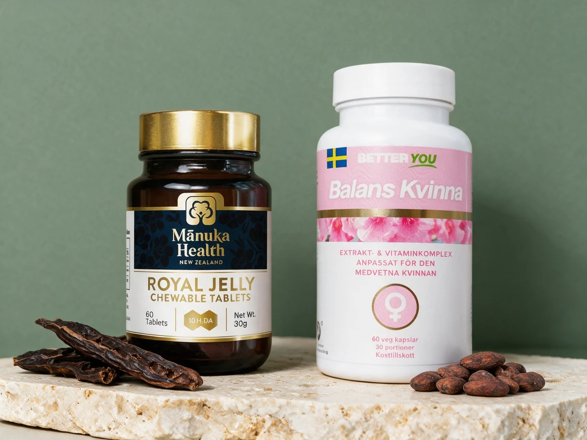 Manuka Health Royal Jelly, glass med 60 tyggetabletter, og Better You Balans Kvinna, boks med 60 kapsler
