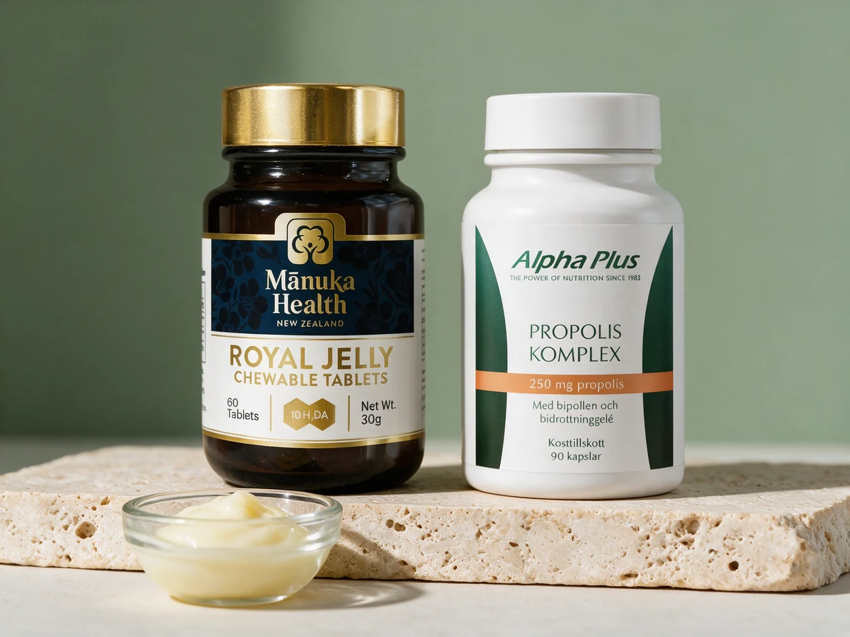 Manuka Health Royal Jelly, glass med 60 tyggetabletter, og Alpha Plus Propolis Komplex, boks med 90 kapsler, med en liten glasskål med blek, kremaktig fersk gelé foran