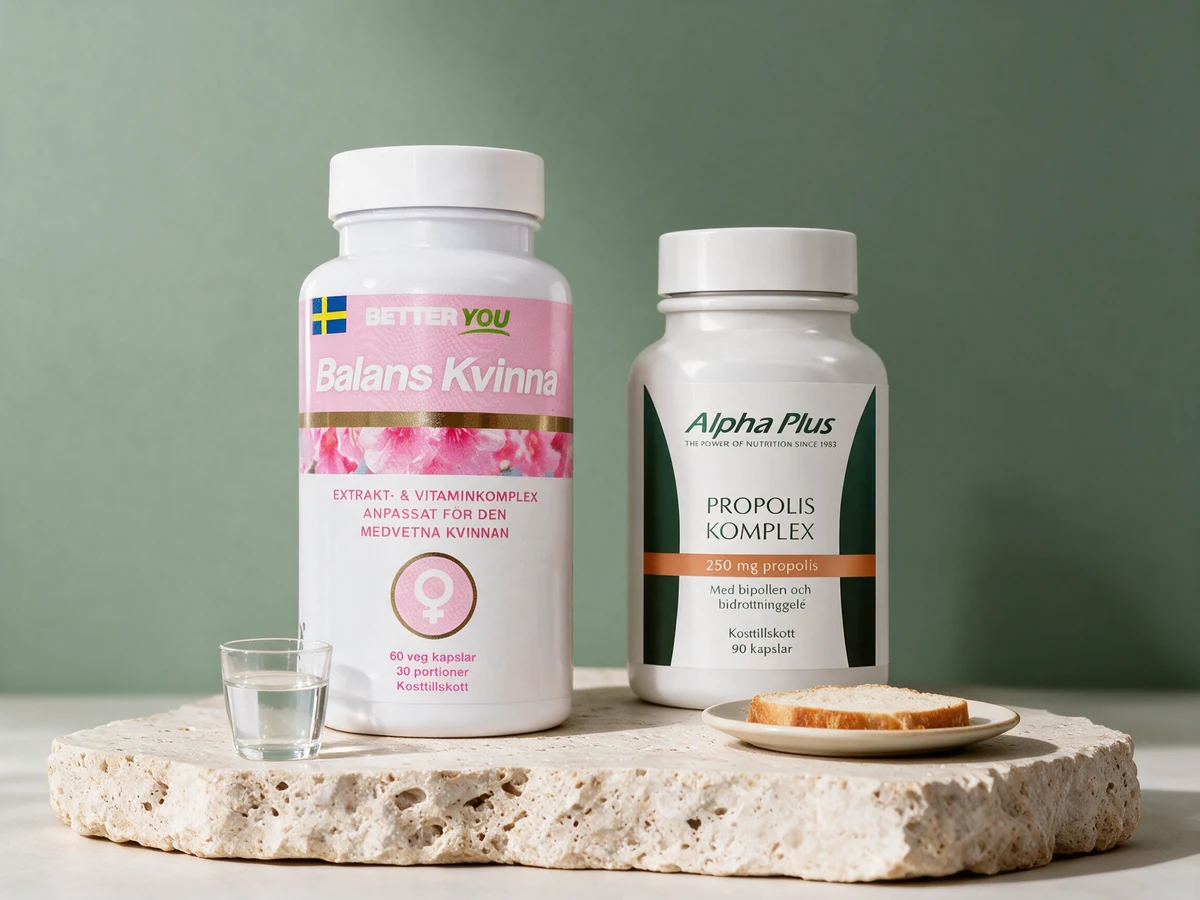 Better You Balans Kvinna, boks med 60 kapsler, og Alpha Plus Propolis Komplex, boks med 90 kapsler
