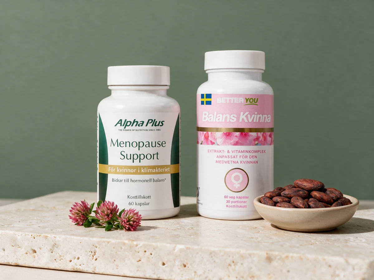 Alpha Plus Menopause Support med 60 kapsler og Better You Balans Kvinna med 60 kapsler, som begge gir 100 mg gelé om dagen
