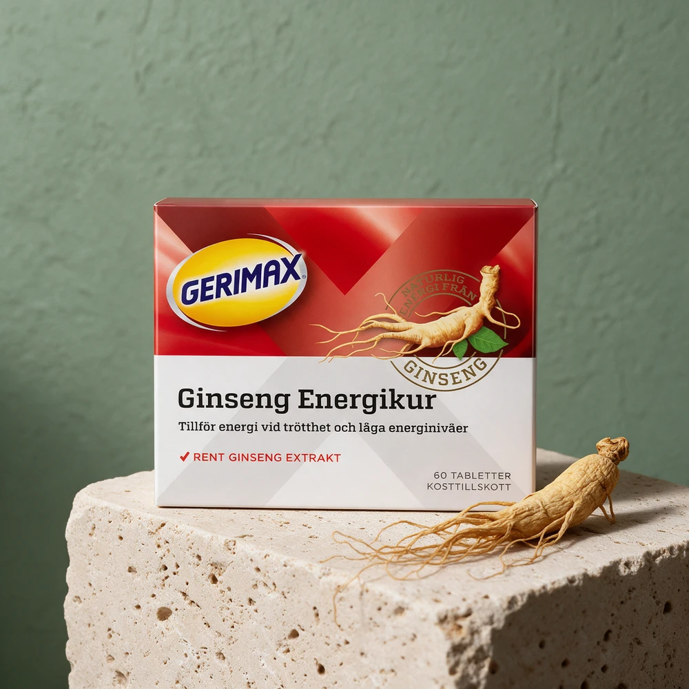 Gerimax Ginseng Energikur, drasjerte tabletter i eske, med en tørket ginsengrot
