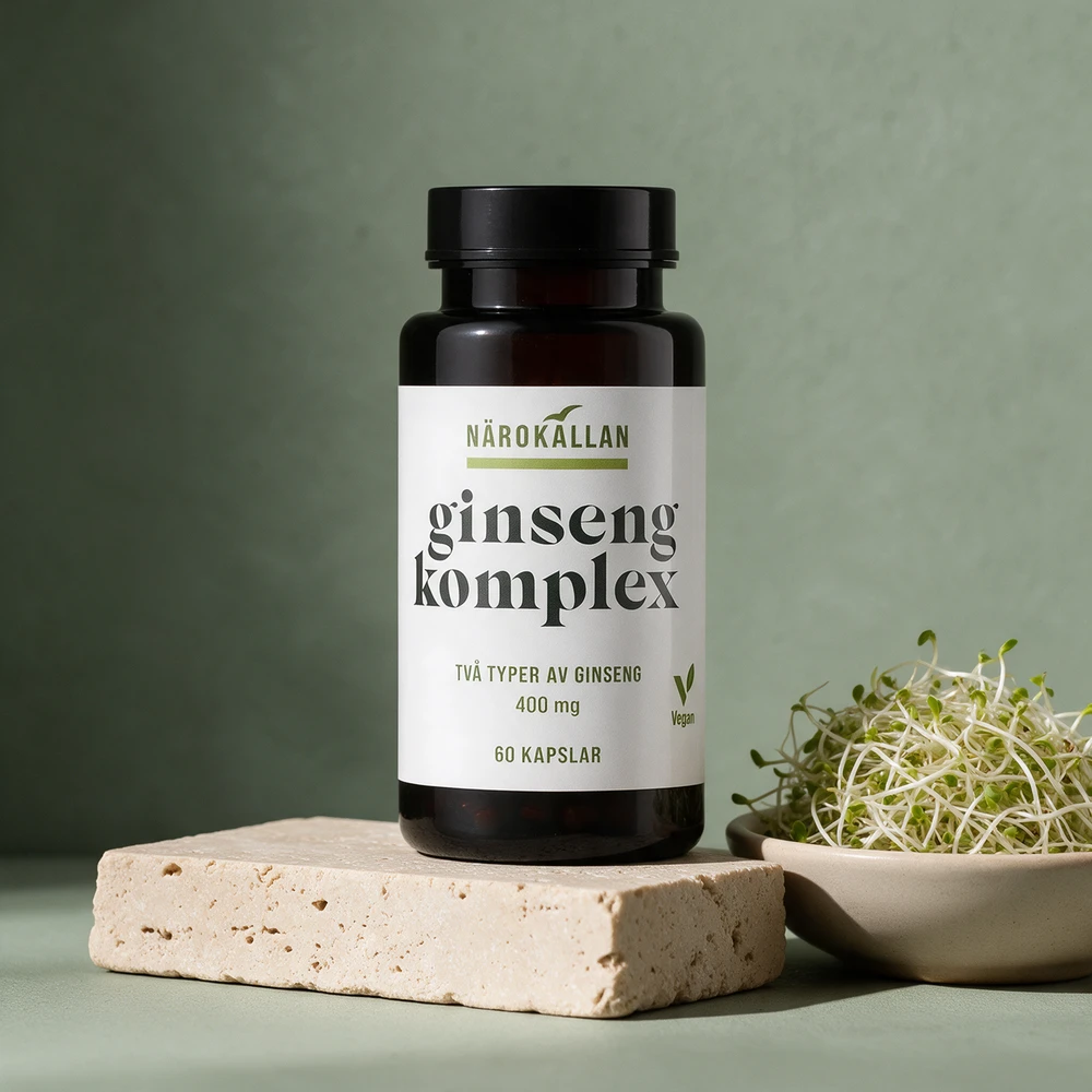 Närokällan Ginseng Komplex, to typer ginseng i vegansk kapsel, ved alfalfaspirer
