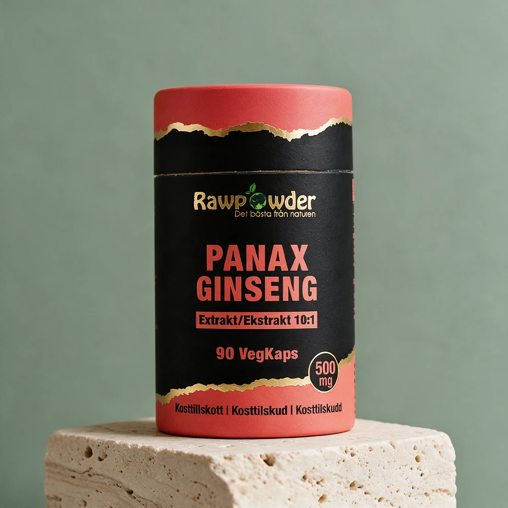 Rawpowder Panax Ginseng Ekstrakt i rund pappeske, merket 10:1 og 500 mg