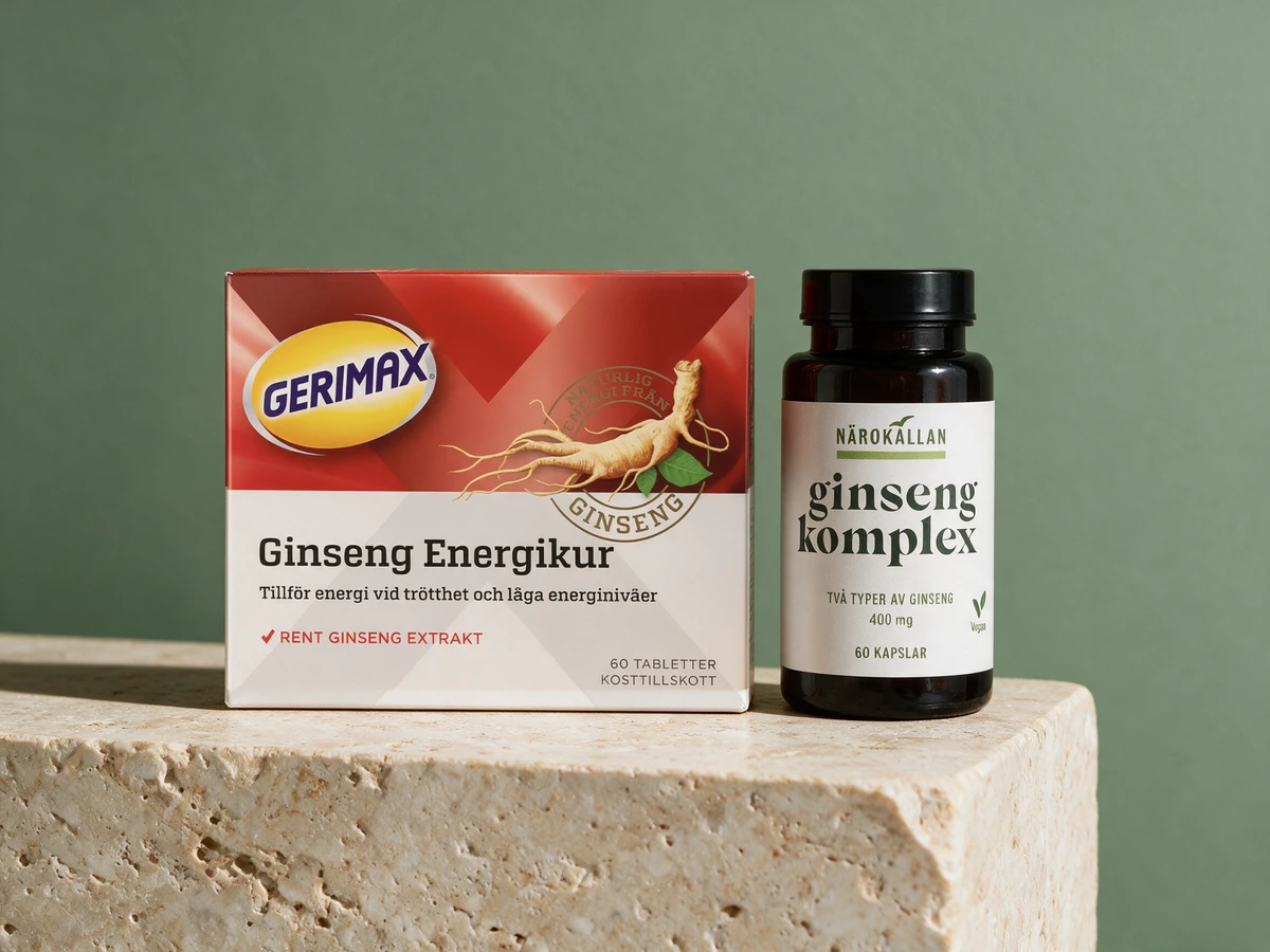 Gerimax Ginseng Energikur, tabletter i eske, og Närokällan Ginseng Komplex, kapsler i boks