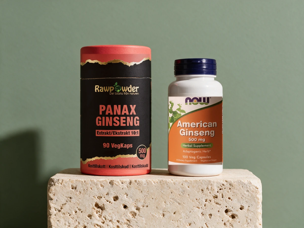 Rawpowder Panax Ginseng Ekstrakt 10:1 og NOW American Ginseng, to ekstrakter i plantekapsel