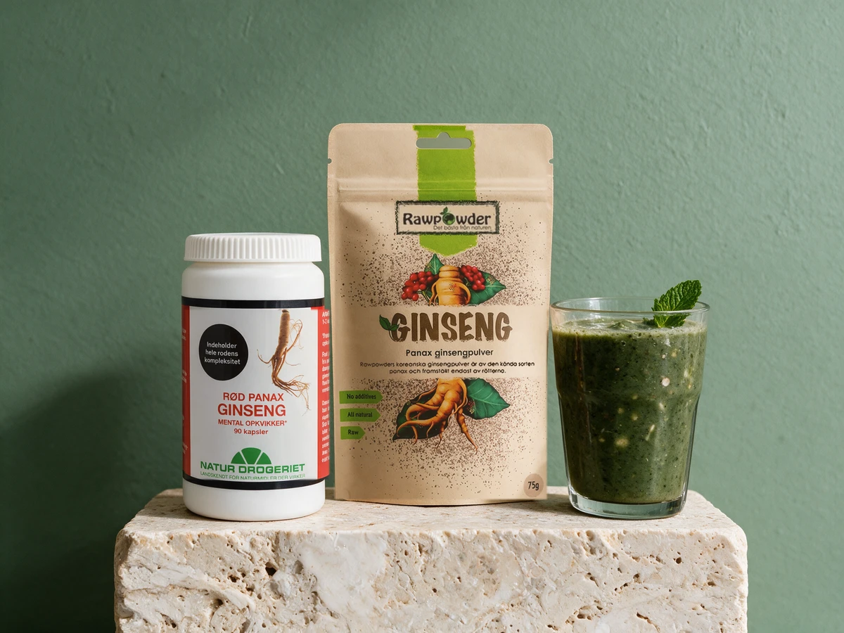 Natur-Drogeriet Rød Panax Ginseng i kapsler og Rawpowder Panax ginsengpulver i pose