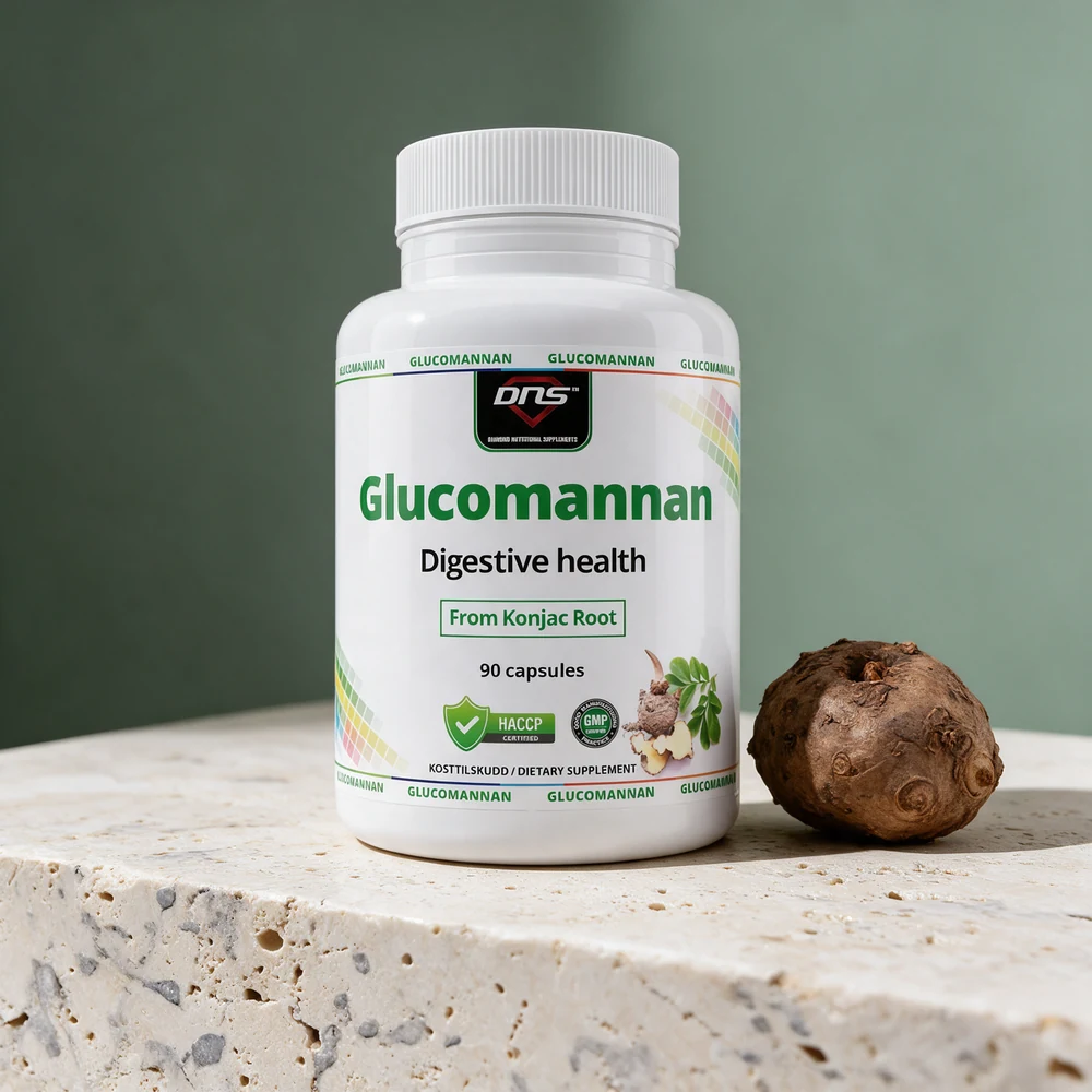 DNS Glucomannan Konjac Root, hvit boks merket «From Konjac Root», ved siden av en konjakknoll