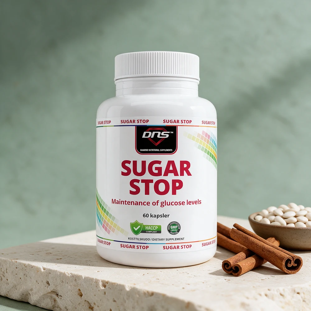 DNS Sugar Stop i hvit boks, med kanelstenger og en skål hvite bønner ved siden av
