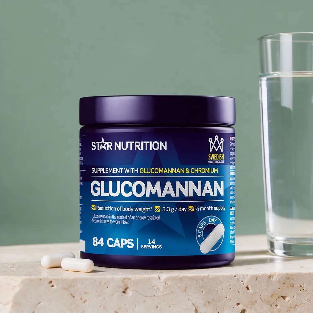 Star Nutrition Glucomannan, mørkeblå boks, med et par hvite kapsler liggende foran