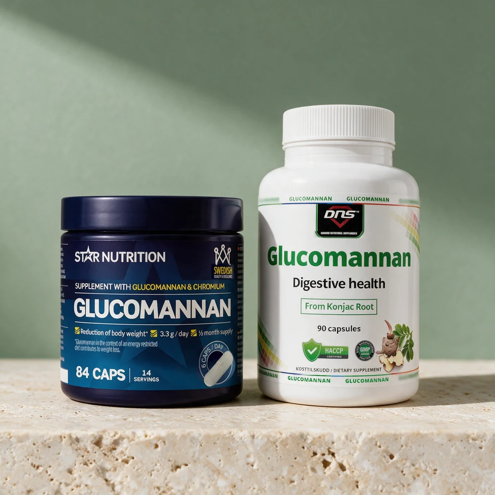 Star Nutrition Glucomannan i mørkeblå boks merket 3,3 gram om dagen og DNS Glucomannan Konjac Root i hvit boks