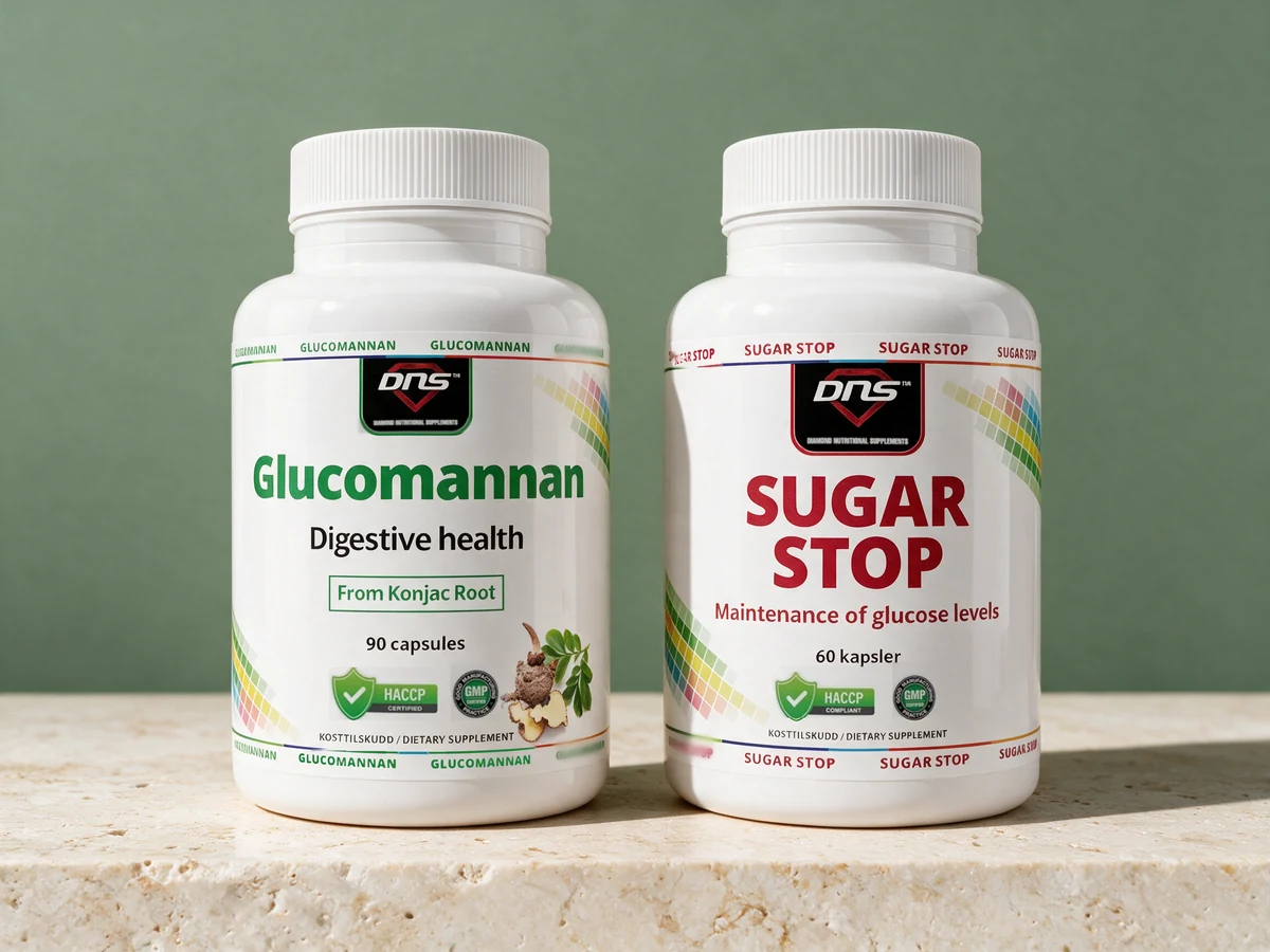 DNS Glucomannan Konjac Root med 90 kapsler og DNS Sugar Stop med 60 kapsler, to bokser fra samme merke
