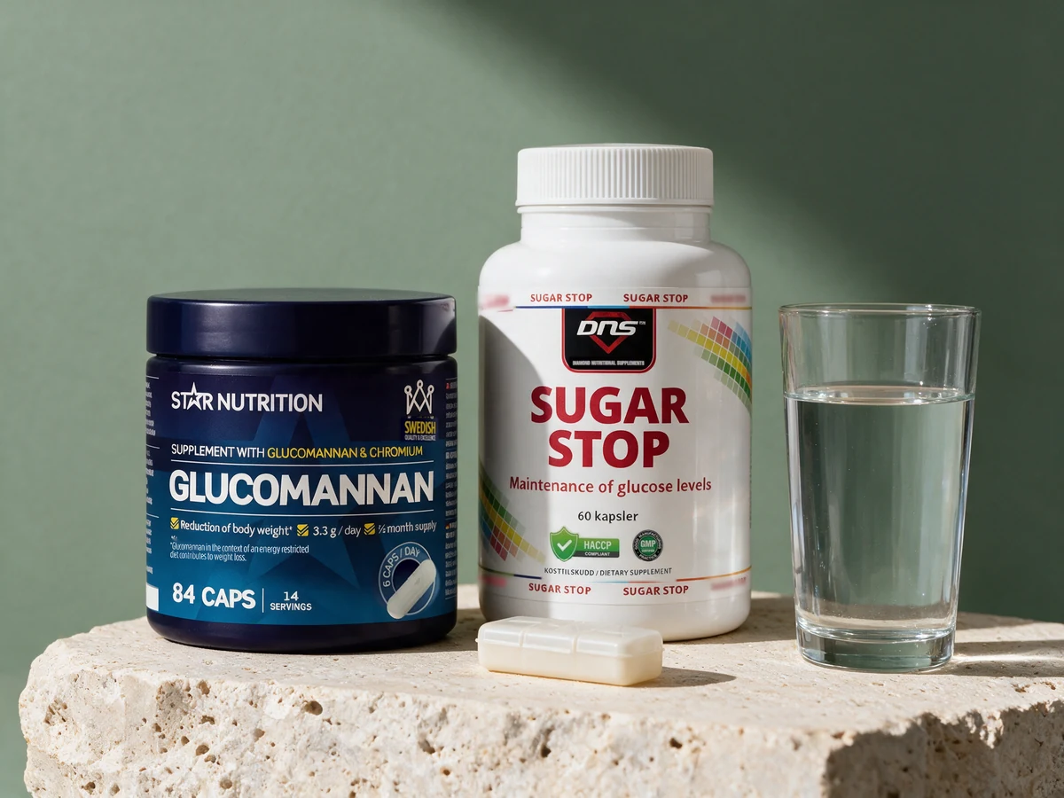 Star Nutrition Glucomannan og DNS Sugar Stop med en liten hvit pilleboks foran