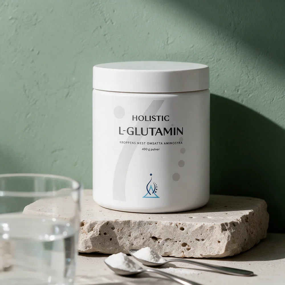 Holistic L-glutamin, hvit boks på 400 g, med to skjeer hvitt pulver og et vannglass i forgrunnen