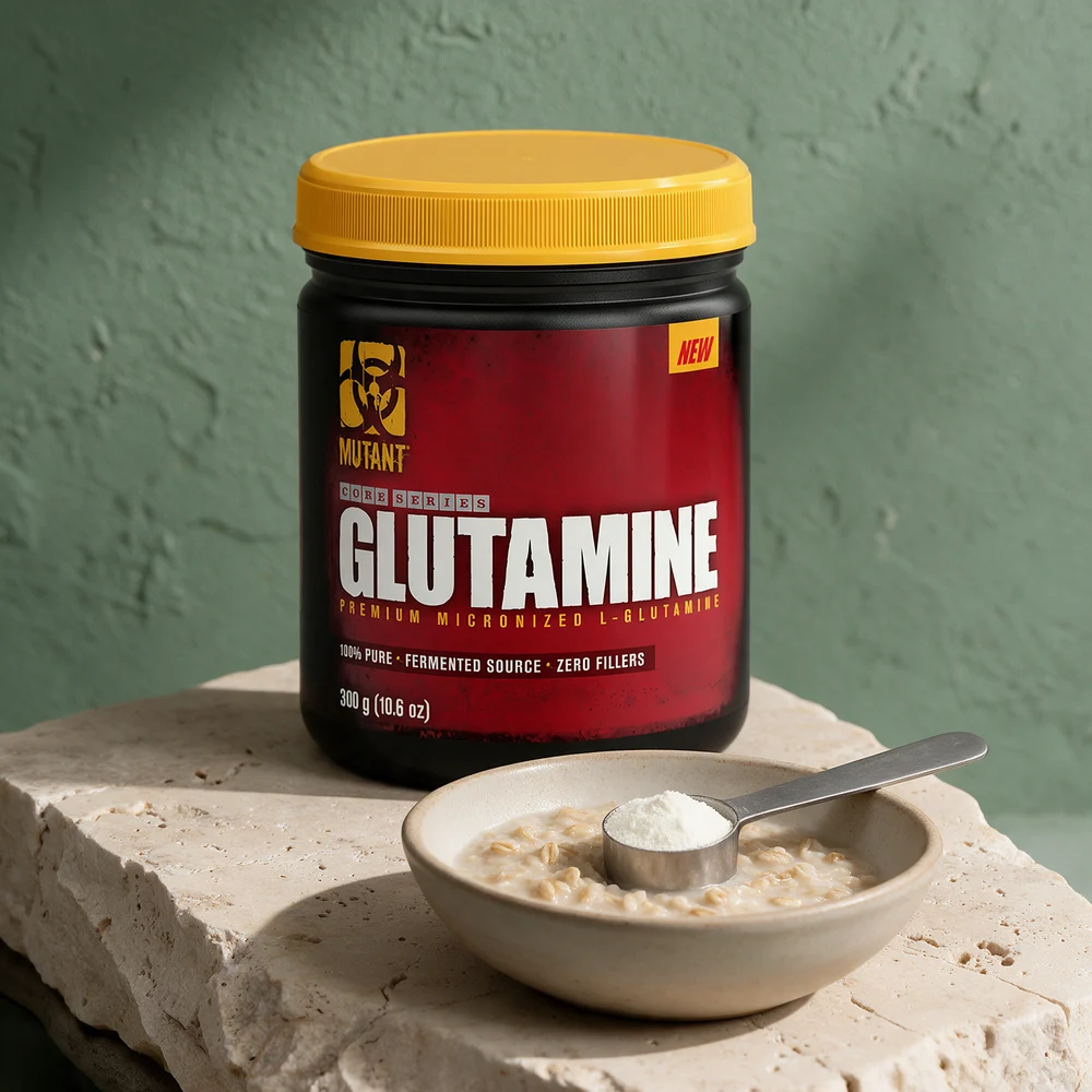 Mutant Core Series Glutamine, svart boks med rød etikett og gult lokk merket «Premium micronized L-glutamine», og en skål med en måleskje pulver