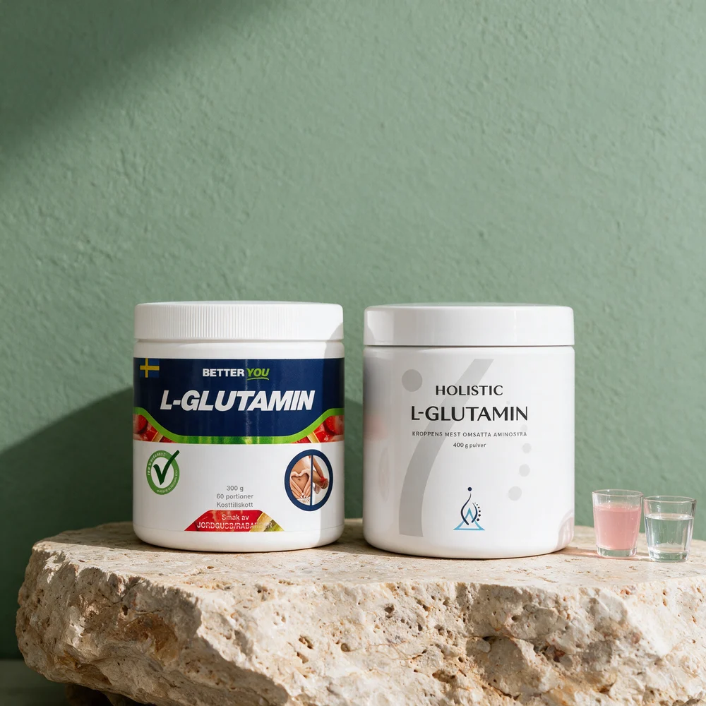 Better You L-glutamin jordbær og rabarbra og Holistic L-glutamin, to hvite bokser, med to små glass, ett med rosa drikk og ett med vann