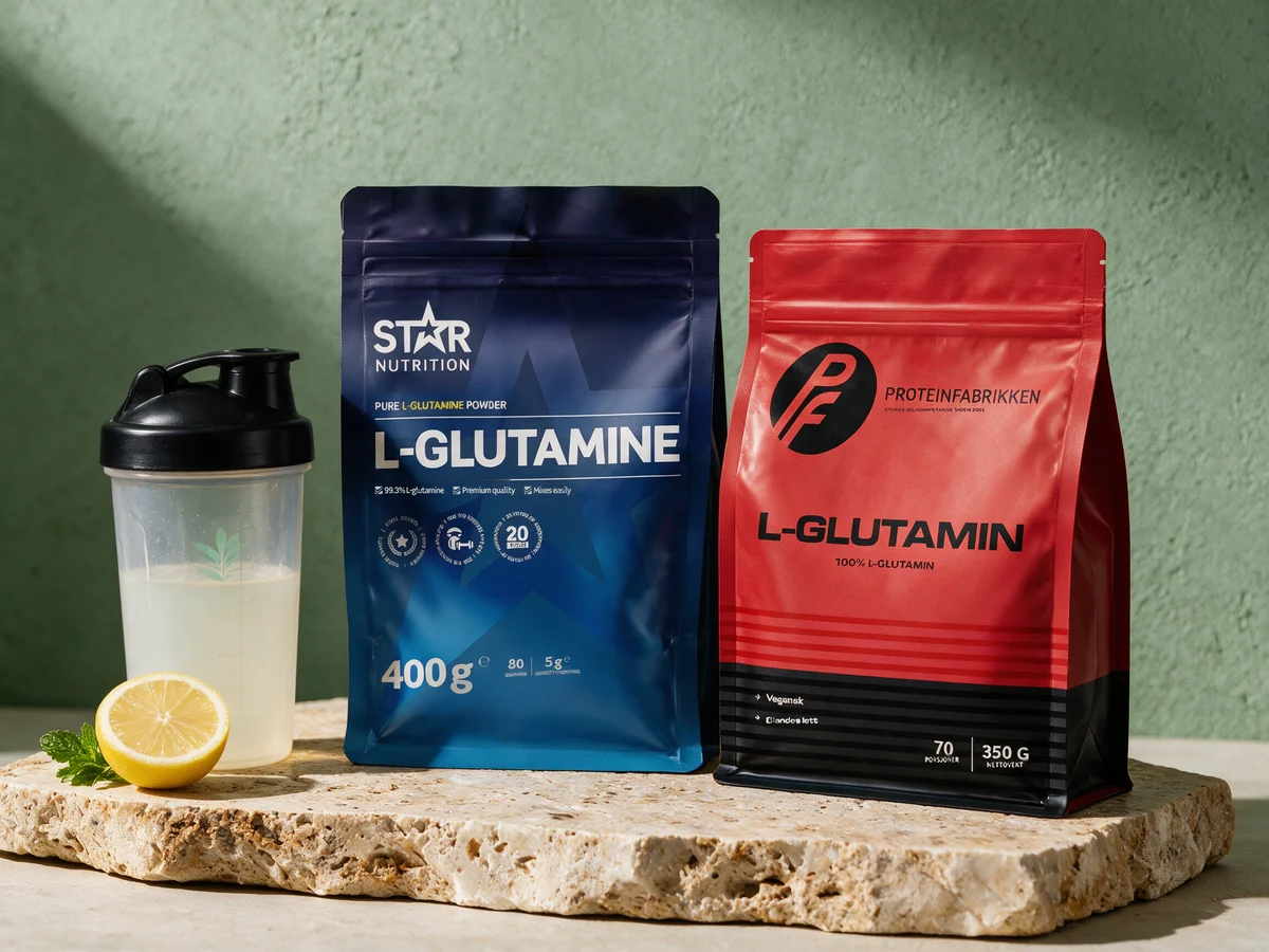 Star Nutrition L-Glutamine, blå pose, og Proteinfabrikken L-glutamin, rød pose, med en shaker med lys drikk, en halv sitron og en mintkvist