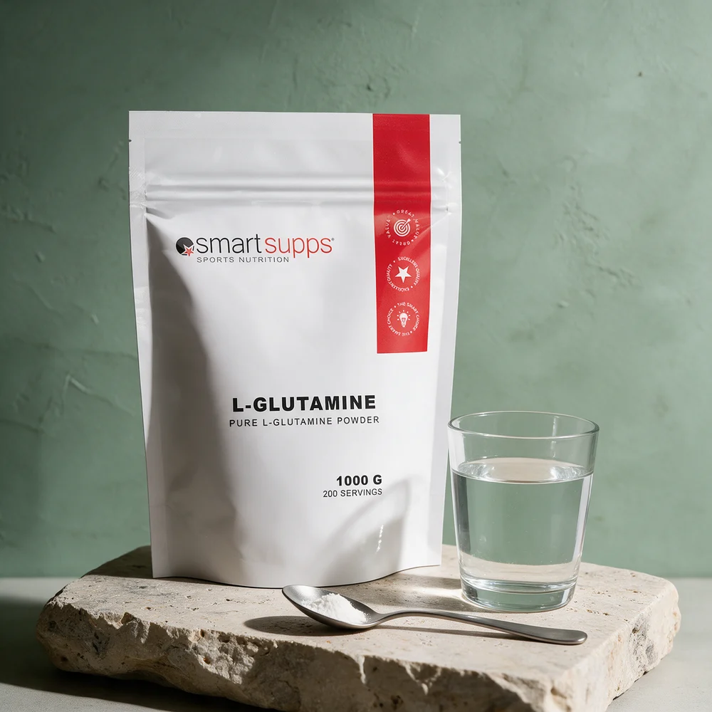 SmartSupps 100% L-glutamine, hvit stående pose på 1000 g med 200 servings, en skje med hvitt pulver og et glass vann