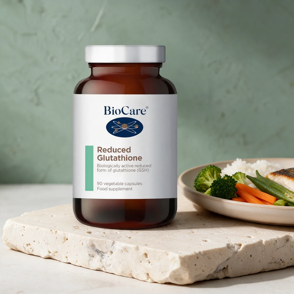 BioCare Reduced Glutathione, glassflaske merket «90 vegetable capsules»