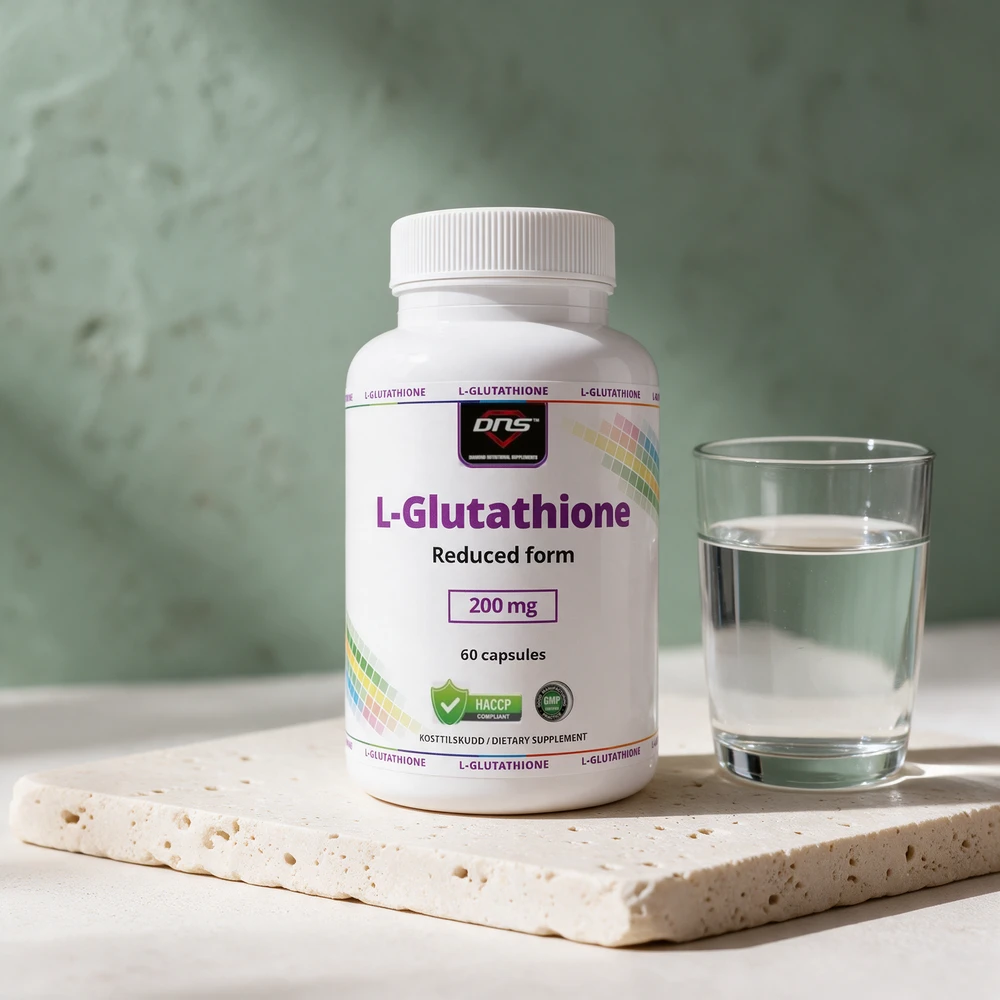 DNS L-Glutathione, boks merket «Reduced form», 200 mg og 60 kapsler