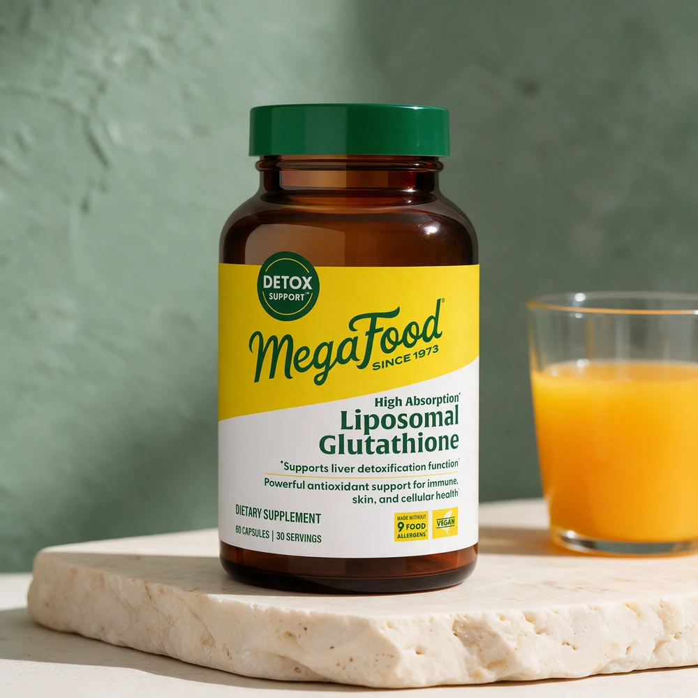 MegaFood Liposomal Glutathione, brun glassflaske merket «60 capsules · 30 servings»