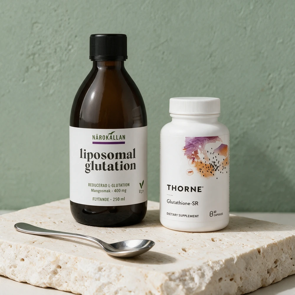 Närokällan liposomal glutation på flaske og Thorne Glutathione-SR i boks