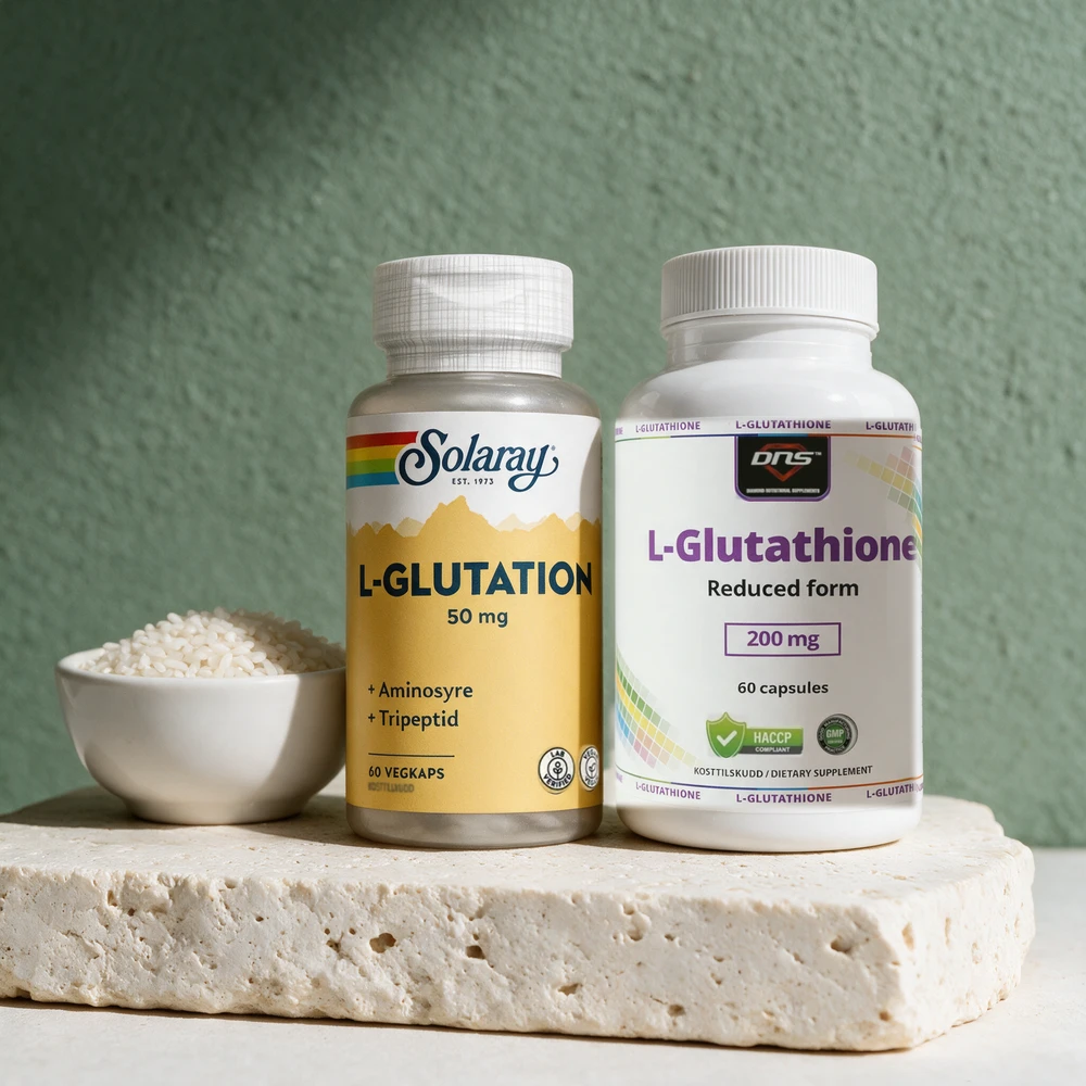Solaray L-Glutation og DNS L-Glutathione, to bokser med vanlige glutationkapsler