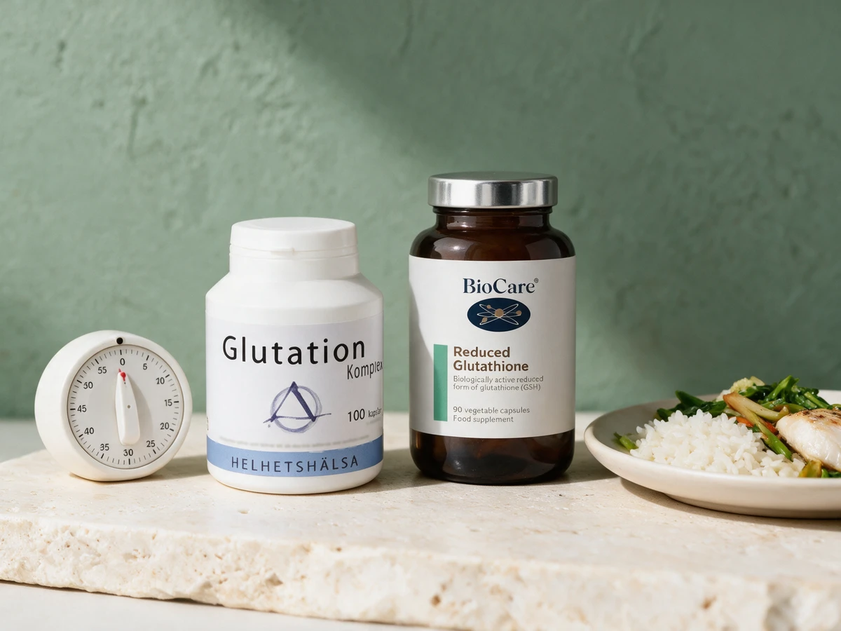 Helhetshälsa Glutationkomplex og BioCare Reduced Glutathione, den ene tatt mellom måltidene og den andre til maten