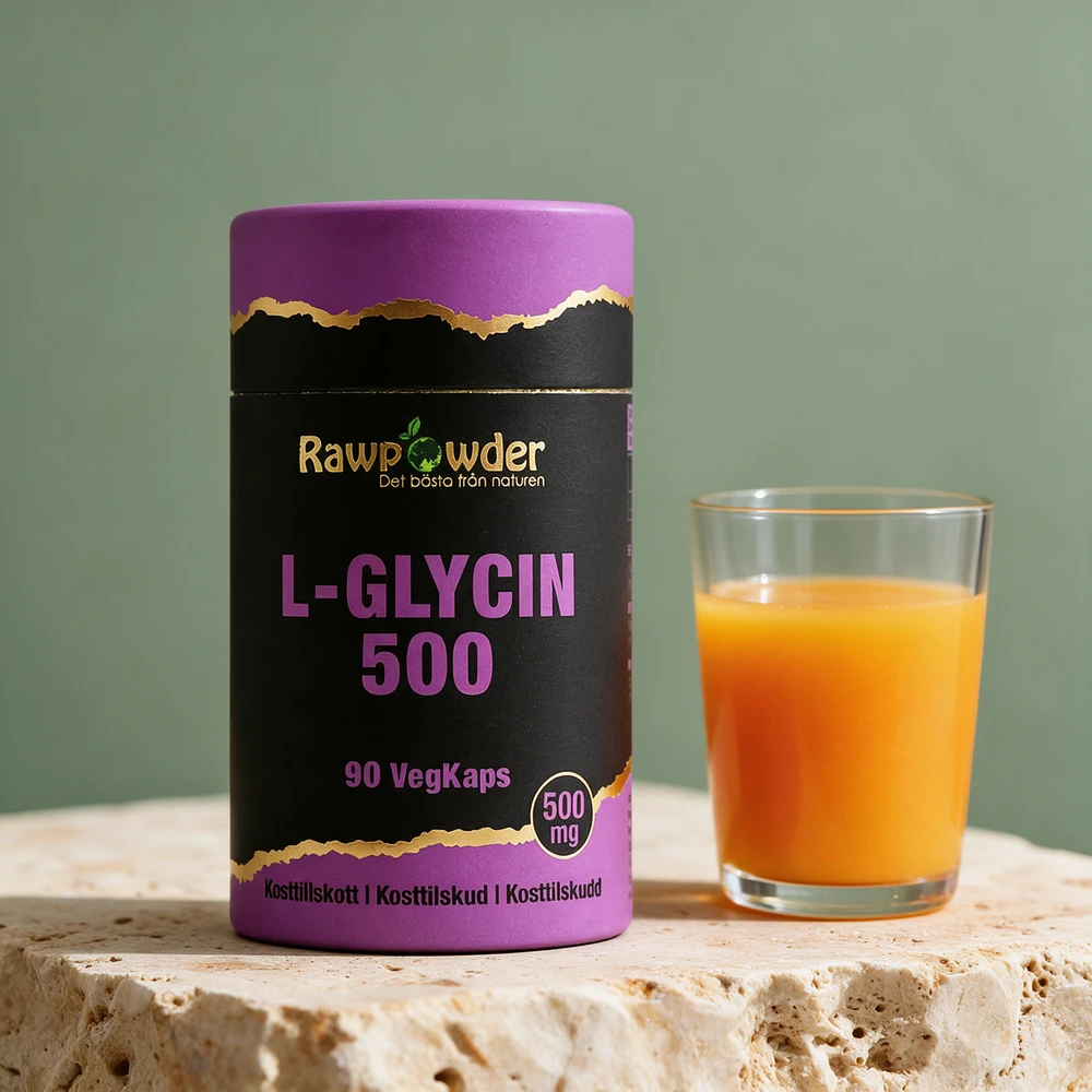 Rawpowder L-Glycin 500 mg i hylse med 90 kapsler og et glass juice