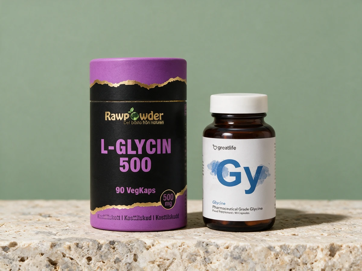 Rawpowder L-Glycin 500 mg og Greatlife Glycin, begge med 90 kapsler