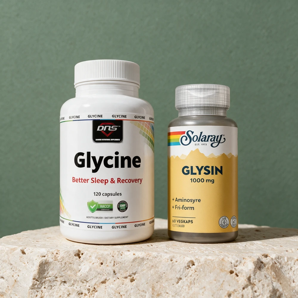 DNS Glycine Kapsler og Solaray Glysin 1000 mg, to kapselbokser med hver sin liste over hjelpestoffer