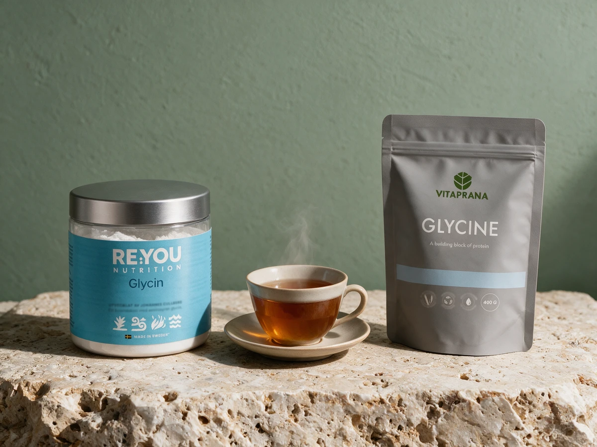 RE:YOU Glycin i boks og Vitaprana Glycine i pose, med en kopp te mellom dem