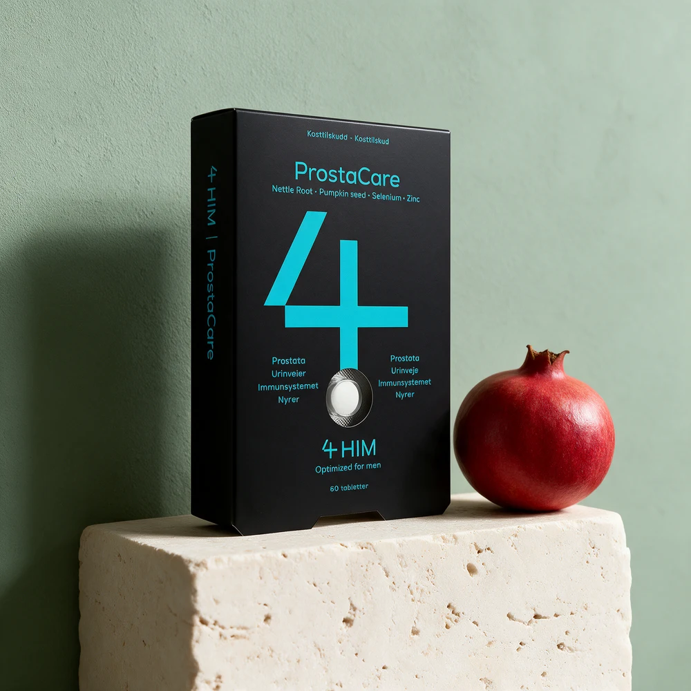 4HIM ProstaCare, eske merket «Nettle Root • Pumpkin seed • Selenium • Zinc» med en hvit, rund tablett i blister bak et vindu