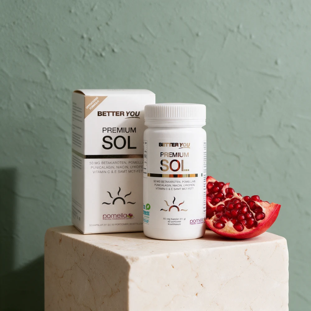 Better You Premium Sol, eske og boks merket «50 mg betakaroten, Pomella» og «50 veg kapslar (41 g)»